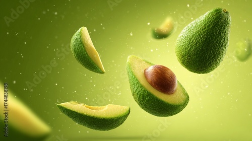 Avocado falling down with gradients background.