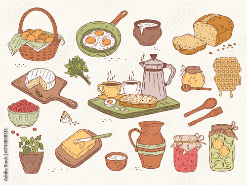 Colorful vector set of farm kitchen food and accessories: basket with eggs, bread, cheese, butter, honeycomb, jam, milk jug, beans, coffee pot, sandwich, greenery, and preserves