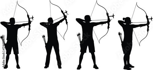 Archery Silhouette Bundle Featuring Bow Drawing Poses, Modern Compound Bows, Quiver Gear, Athletic Form, Sport Technique for Design Use