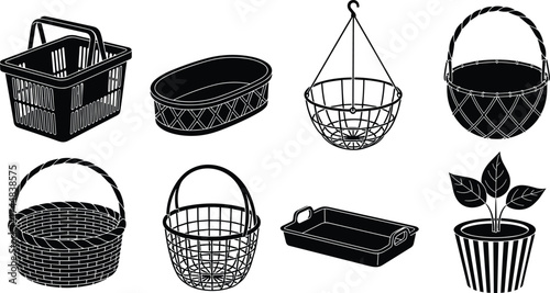 Black and White Basket and Container Silhouettes – Woven, Wire, Hanging, Plant Pot, Kitchen Dish for Home and Market Use