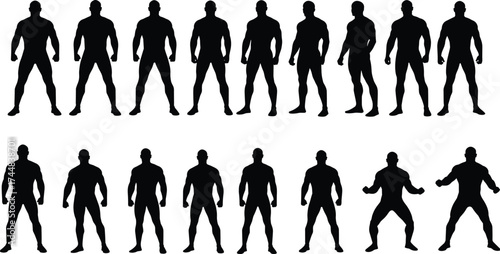 Human silhouette collection, standing poses, posture variations, black figure design, character modeling, animation reference, biomechanics study, vector illustration, people outline,