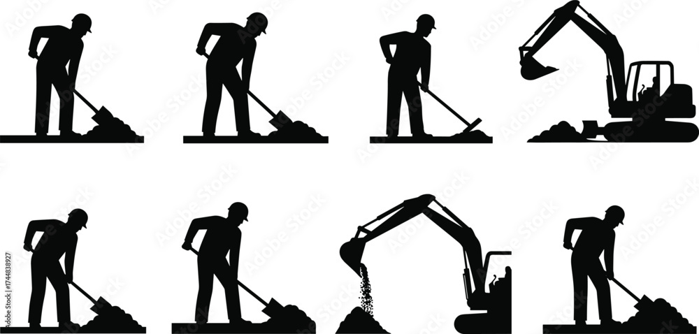 Obraz premium Construction Worker and Excavator Silhouettes in Black Vector Style Depicting Manual Labor and Earthmoving for Industrial, Engineering, and Jobsite Themes
