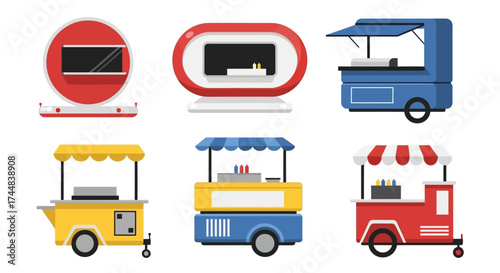 Set of various food carts and kiosks for street food vendors.