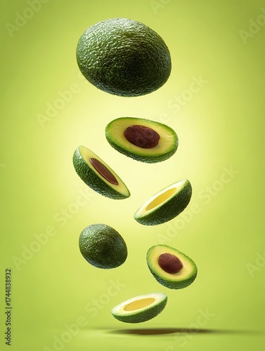 Avocado falling down with gradients background.