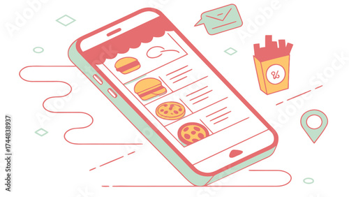 Isometric illustration of a smartphone displaying a food ordering app interface with burgers and pizza listed