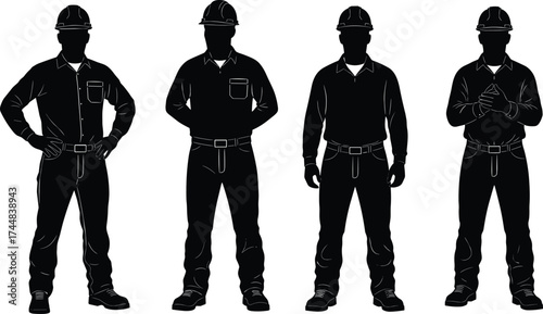 Construction Worker Silhouette Vector Set – Safety Gear, Hard Hats, Standing Poses for Industrial, Labor, and Occupational Training Design Use