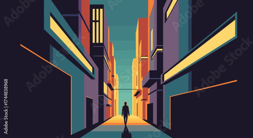 Silhouette Walking Down Urban Street with Colorful Buildings.