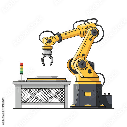 Modern industrial robotic arm with advanced gripper and automated workstation for manufacturing and production