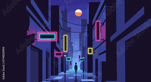 Silhouette in Neon-Lit Cityscape - A Solitary Figures Journey.