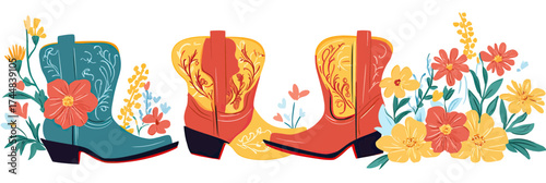 Colorful cowboy boots decorated with embroidered patterns and surrounded by vibrant spring flowers in flat minimalist style vector illustration
