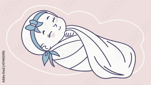 A serene illustration of a baby swaddled in a white blanket with a light blue headband on a soft pink background