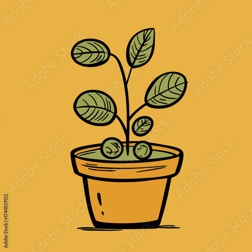 Hand drawn money plant sketch in flower pot with green leaves on yellow background, minimalist doodle style illustration of growing potted plant
