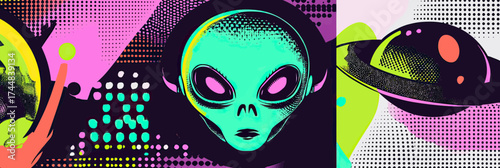 Surreal retro alien head and UFO spaceship collage with neon colors halftone dots and minimalist flat vector style design