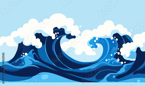 Abstract ocean waves with white foam and varying shades of blue in flat minimalist vector style with curling crests and dynamic water movement illustration