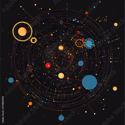 Abstract futuristic planetary system with mechanical gears and orbital lines in dark space background technology and science vector illustration