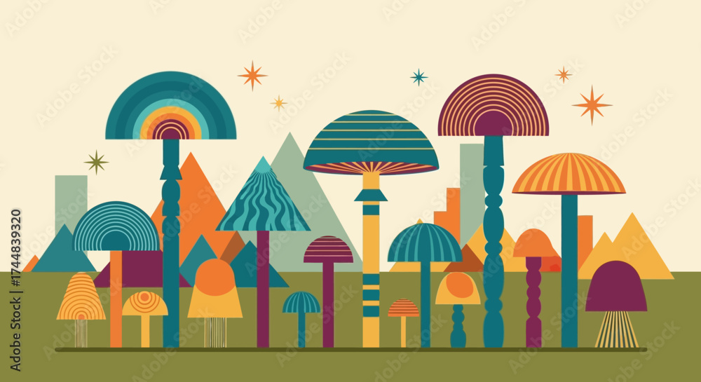 Fototapeta premium Stylized Abstract Mushroom Forest Illustration.