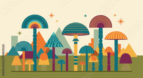 Stylized Abstract Mushroom Forest Illustration.