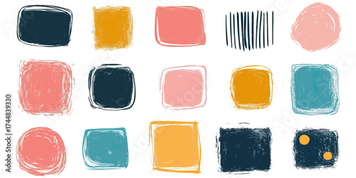 Colorful hand drawn doodle frames and squares with brush stroke sketch lines in coral, teal, mustard, and navy blue minimal vector set for design borders and text decoration