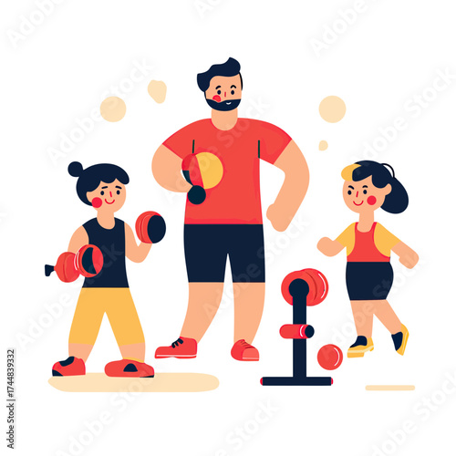 Father supervising daughter boxing training with punching bag and gloves while another daughter exercises cardio workout in flat minimalist vector style