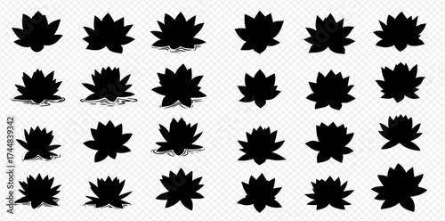 A collection of twenty-four black lotus flower silhouettes arranged in a grid on a transparent background.