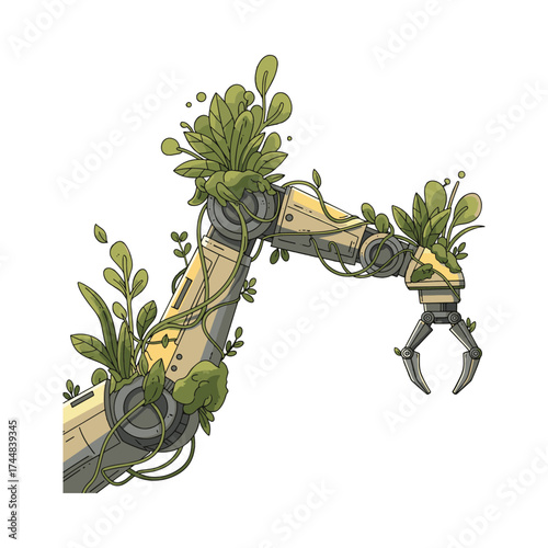 Futuristic robot arm integrated with lush green nature symbolizing technology and environmental harmony