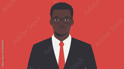 African businessman wearing glasses black suit red tie flat minimalist vector portrait on red background professional confident executive leader