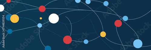 Abstract network connections with colorful nodes and curved lines on dark blue background representing digital communication and social interaction concept in flat vector style