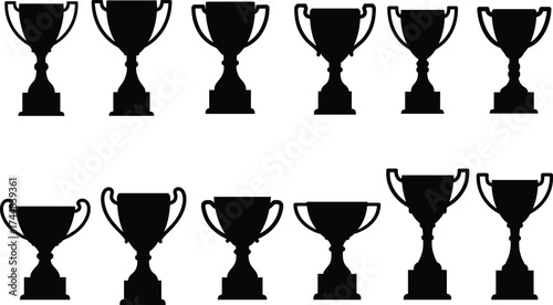 Black trophy silhouette icons, sports award symbols, achievement prize design, championship cup vector set, success recognition graphic, competition reward illustration, victory celebration concept