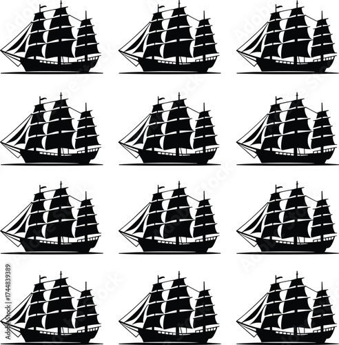 Sailing ship icon set, black silhouette grid, traditional tall ships with sails, nautical vector illustration, maritime transport design