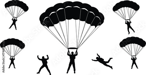 Silhouettes of parachutists in various stages of skydiving with parachutes deployed and free fall positions, representing skydiving, parachute landing, aerial sports, and adventure
