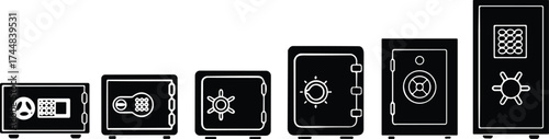 Security safes set in progressive sizes and locking mechanisms, black vector icons for protection, storage, and safety illustrations