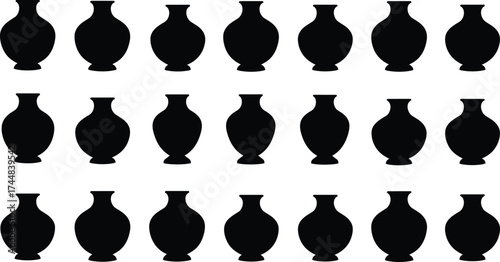 Black vase silhouettes, decorative pottery icons, ceramic vessel shapes, minimalist design objects, classic urn outline, antique amphora collection, symmetrical pottery pattern,