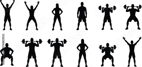 Fitness Silhouette Bundle Featuring Exercise Poses, Barbell Lifting, Squats, Standing Postures, Workout Form Icons for Health and Training Design
