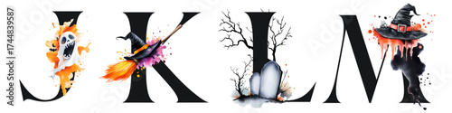 Halloween alphabet letter J K L M with watercolor illustrations