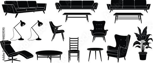 Furniture Silhouette Vector Set – Sofas, Chairs, Tables, Lamps, Plant Decor for Interior, Home Design, and Modern Living Concepts