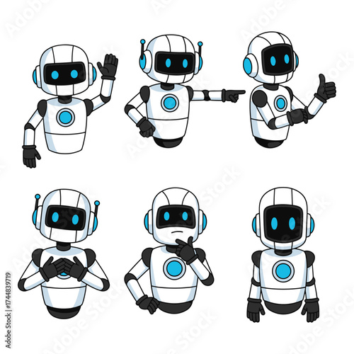 Collection of six adorable cartoon robots with diverse expressions and playful gestures