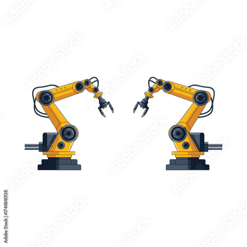 Two advanced yellow industrial robotic arms performing tasks in a modern factory automation setting
