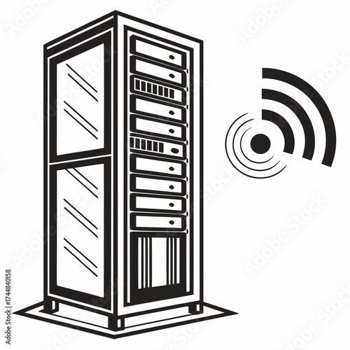 Server rack with wireless signal icon silhouette isolated on white background