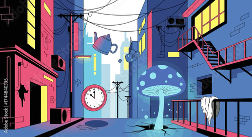 Surreal Alleyway Scene with Floating Teapot, Clock, and Luminous Mushroom.