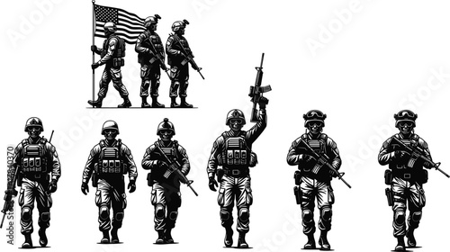Military Silhouette Vector Set – Soldiers Marching, Tactical Gear, American Flag, Patriotic Pose for Army, War, and National Design Themes