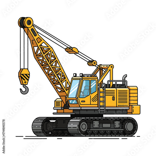Yellow crawler crane heavy machinery construction site illustration with boom and treads