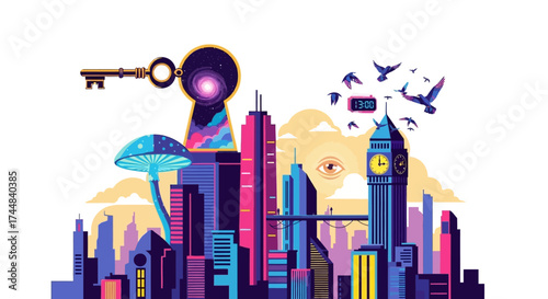 Surreal city skyline with keyhole and key, fantasy illustration concept.