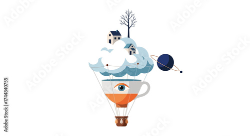 Surreal Eye in Cup with Clouds and House.