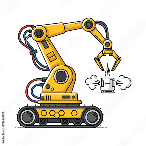 Yellow robotic arm with gripper on tracks picking up object with steam industrial automation concept