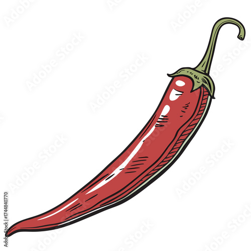 Fiery Chili Pepper: A single, vibrant red chili pepper with a captivating gloss and detailed lines against a simple background, a symbol of spice and culinary delights.