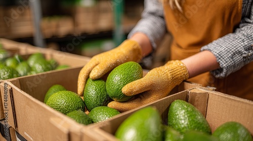 employees woman's hands sell Avocado in the department store.