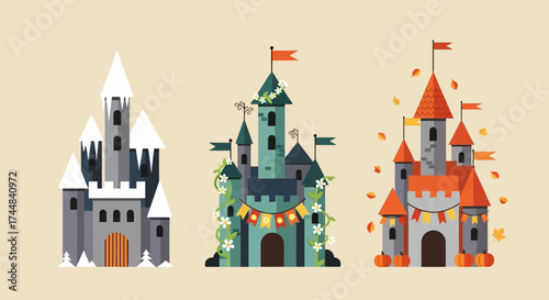 Three beautiful castles with different decorations and flags on top.