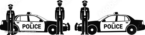 Police Officers and Cars Silhouette Bundle Featuring Uniformed Law Enforcement, Patrol Vehicles, Public Safety Symbols, and Symmetrical Design Elements