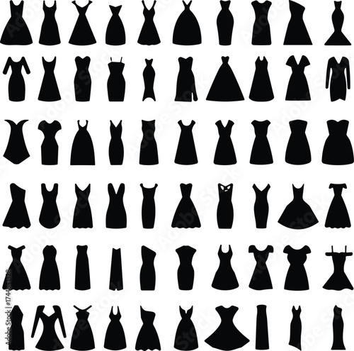 Set of multiple black dress silhouettes in varied styles, sleeve lengths, and necklines, ideal for fashion design and illustration