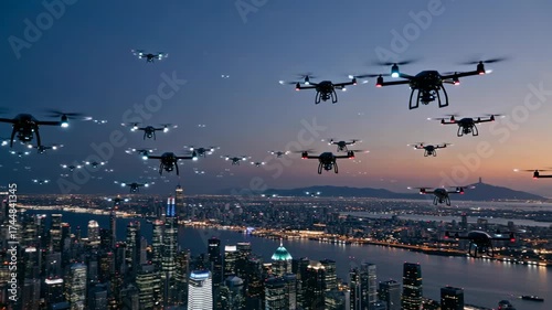 Swarm of drones flying over a futuristic city skyline at dusk, advanced technology concept